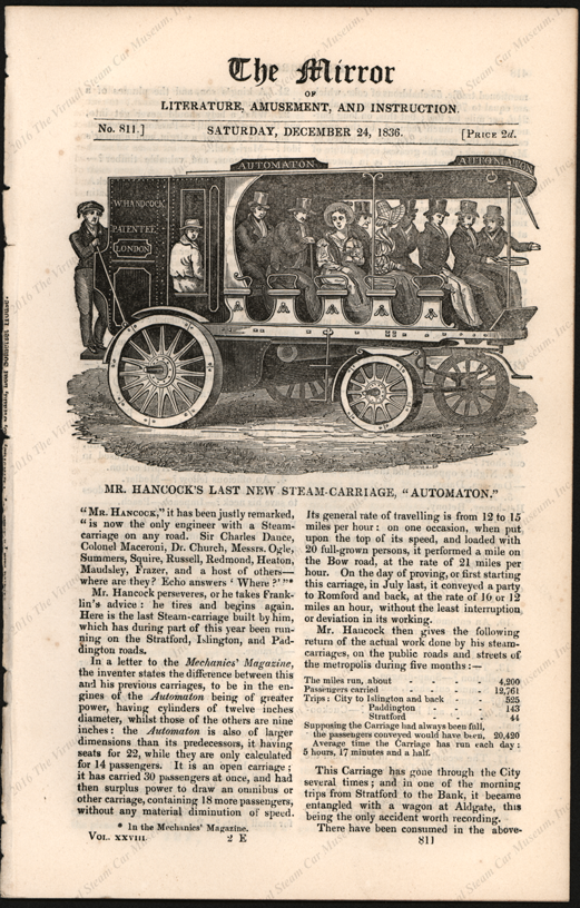 Walter Hancock Steam Carriage, The Mirror, December 24, 1836, The Automaton, p 417